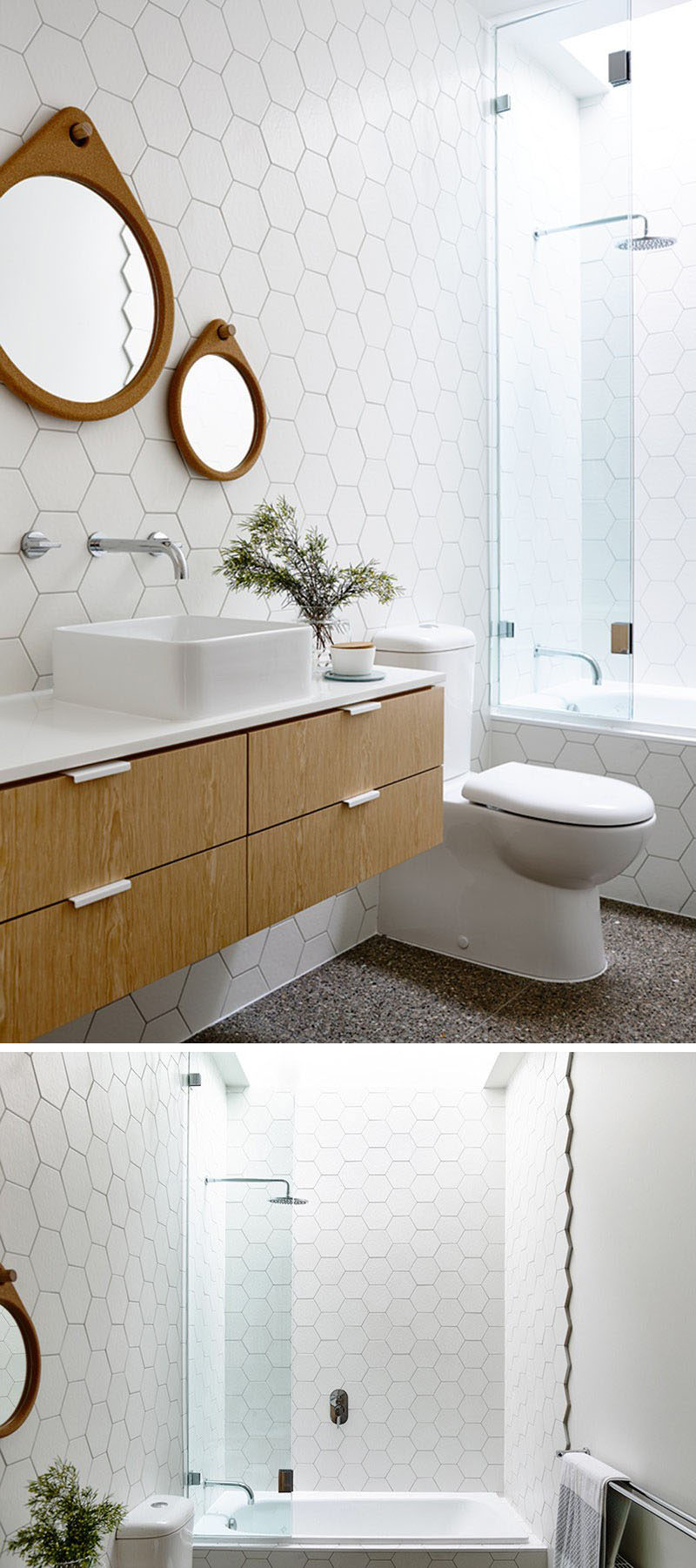 19 идей использования шестиугольников в дизайне интерьеров и архитектуре // Ванная комната в этом доме отделана белой шестиугольной плиткой от пола до потолка на стенах.