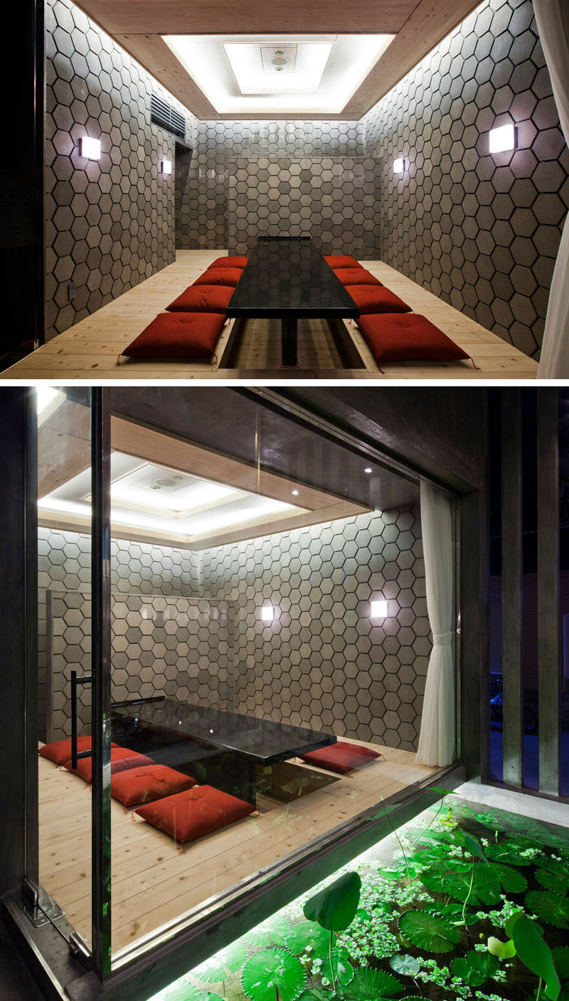 19 идей использования шестиугольников в дизайне интерьеров и архитектуре // Стены этой частной пристройки суши-ресторана во Вьетнаме состоят из темно-серых шестиугольников.