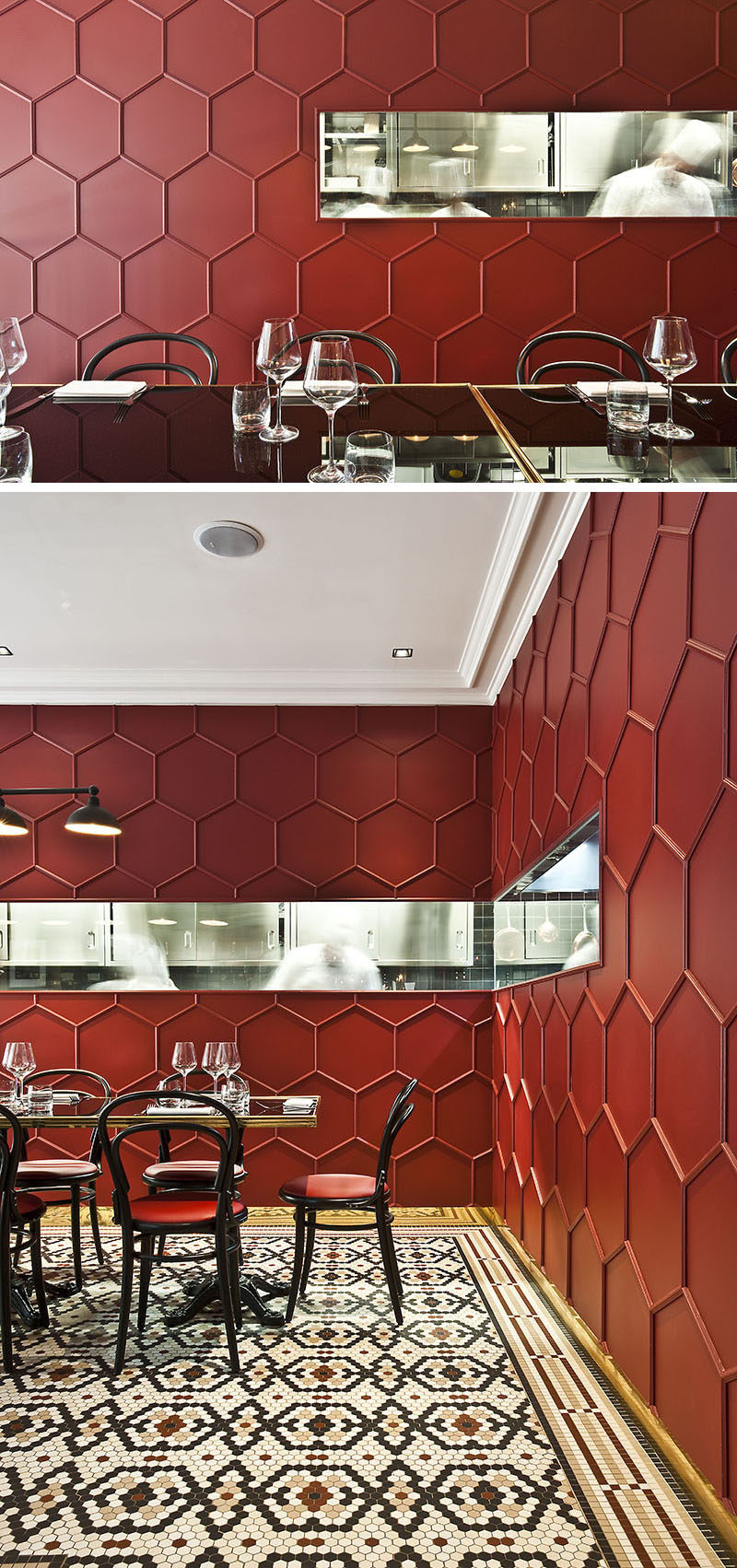 19 идей использования шестиугольников в дизайне интерьера и архитектуре // Карине Левкович, дизайнер этого миланского ресторана, использовала деревянную лепнину для создания трехмерного сотового рисунка на стенах.