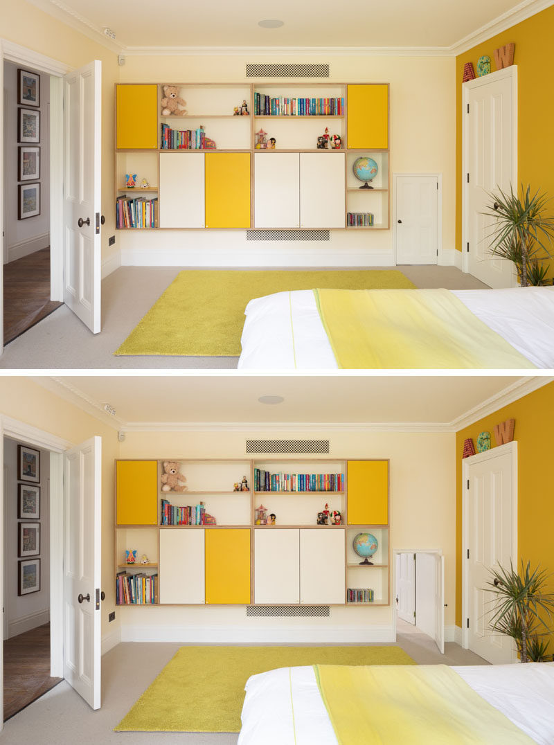 Идеи для детской спальни - Причуды созданы в этой детской спальне с ярко-желтыми акцентами и дверью Алисы в стране чудес, которая соединяется с другой спальней. # ДетскиеСпальня # ЖелтыеАкценты # СпальняИдеи