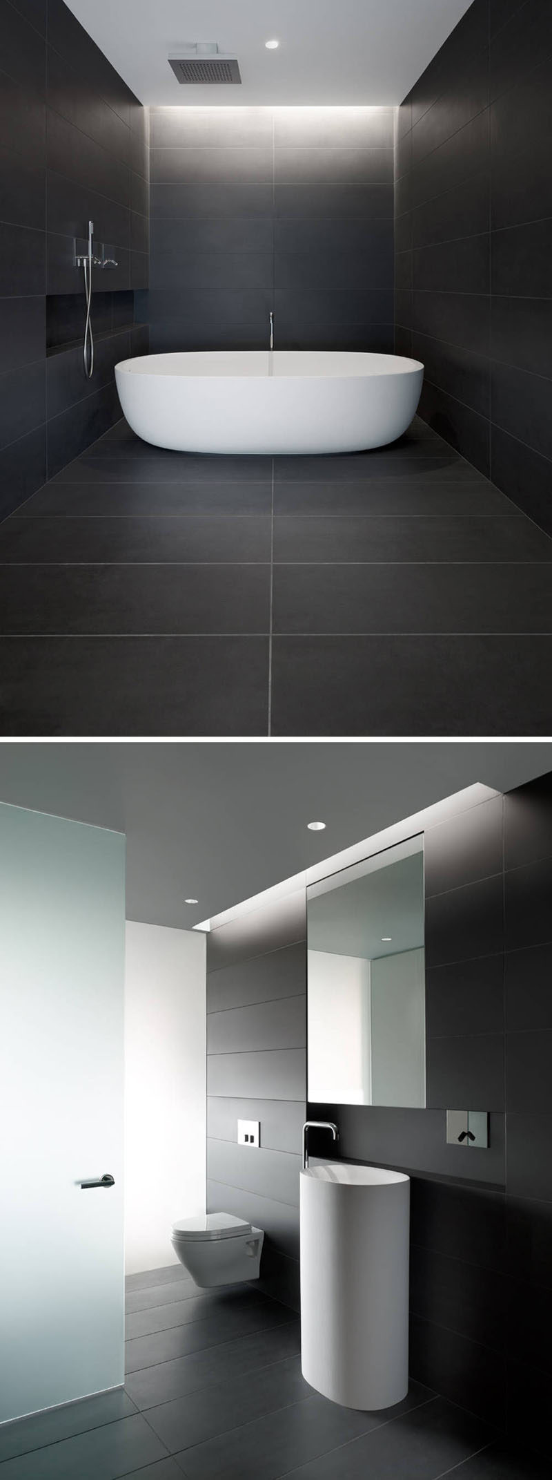 Идеи плитки для ванной комнаты - используйте большую плитку на полу и стенах // Большая темная плитка, покрывающая пол и стены этой ванной комнаты, создает красивые линии, которые плавно переходят друг в друга, создавая спокойное, расслабляющее пространство.
