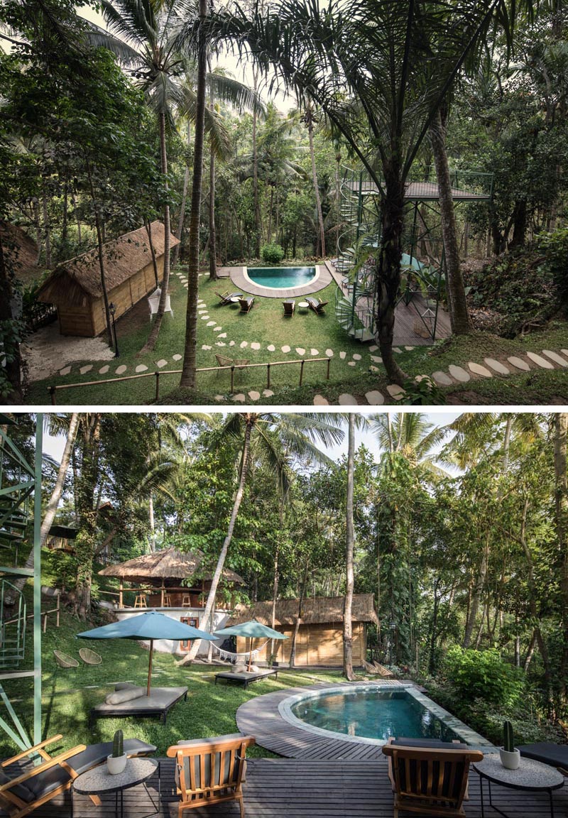 Этот индонезийский отель окружен тропическим парком и располагает такими удобствами, как сауна, небольшой бассейн, бар, зоны отдыха и другие небольшие зоны отдыха. #TropicalHotel #TreetopHotel #BoutiqueHotel