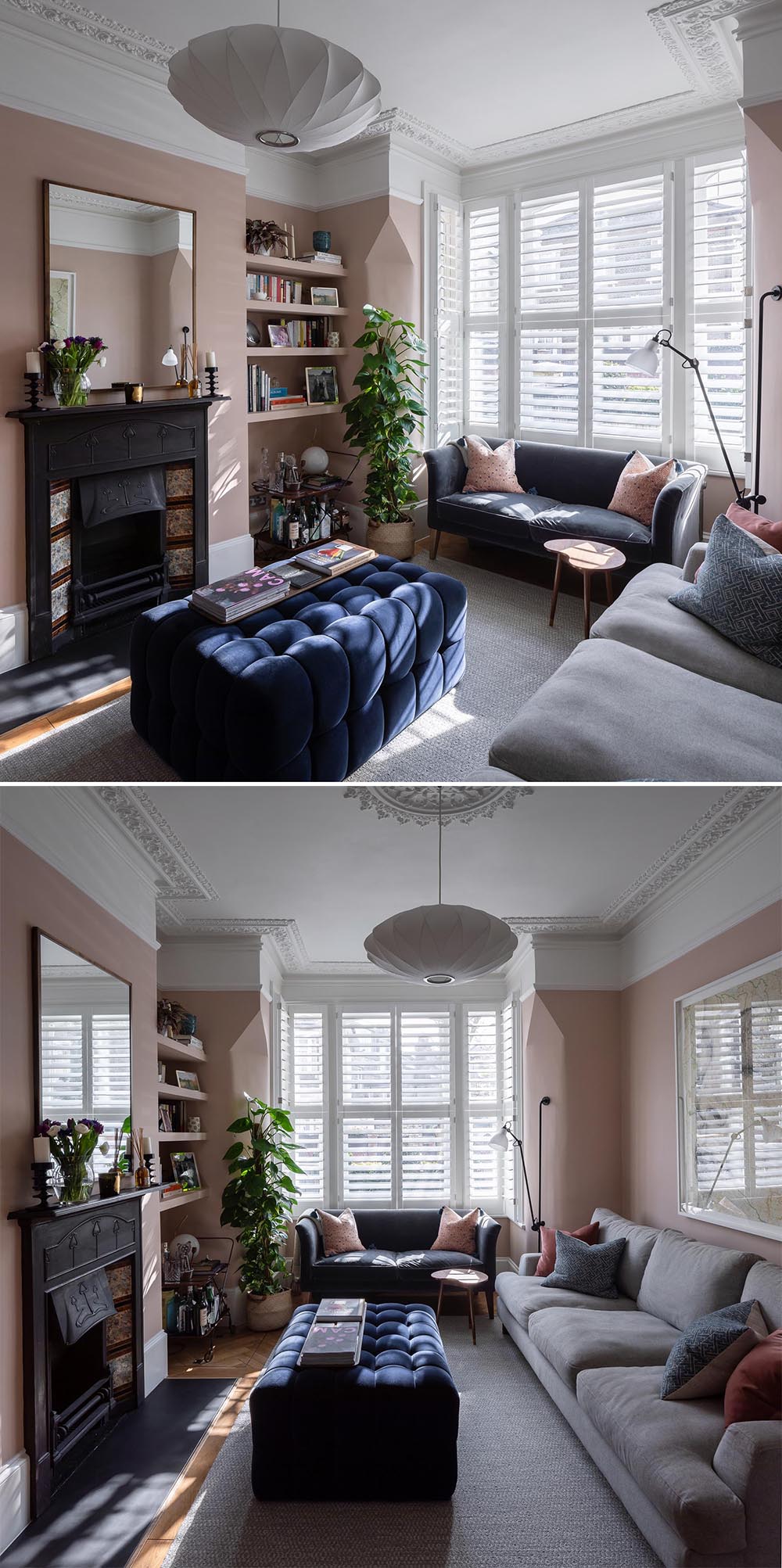 Гостиная с ярко-розовыми стенами, современной мебелью, встроенными стеллажами и камином.