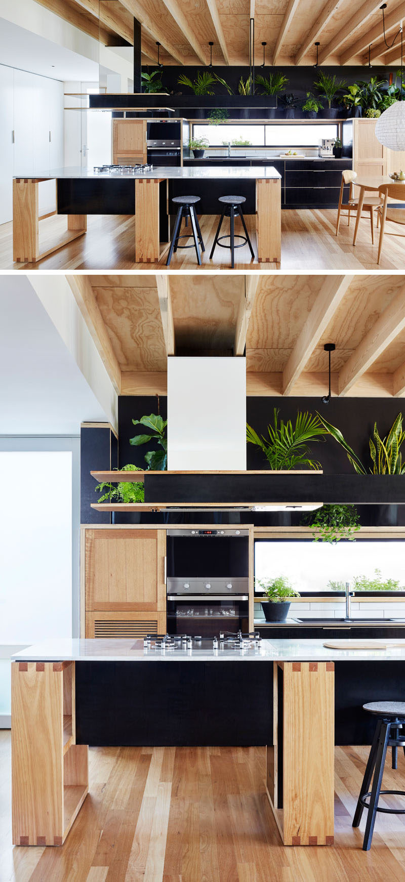 Эта современная кухня сочетает в себе дерево и черные фасонные панели (разновидность фанеры). Ряд растений, сидящих над кухней и стенами, пространству нотку природы.