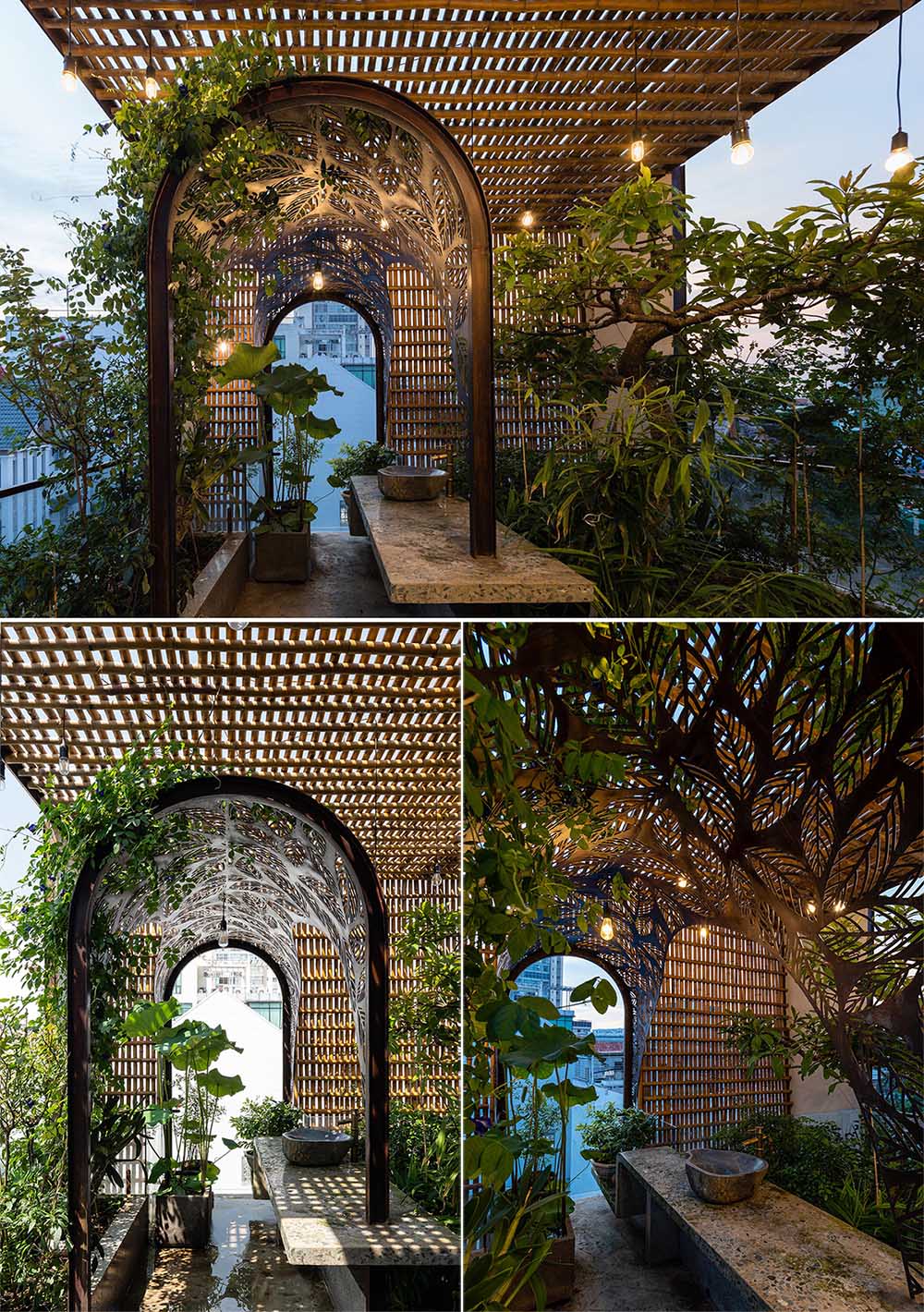 В верхней части современного дома есть открытая площадка с арочной беседкой с растениями, которые дополняют мотив листьев.
