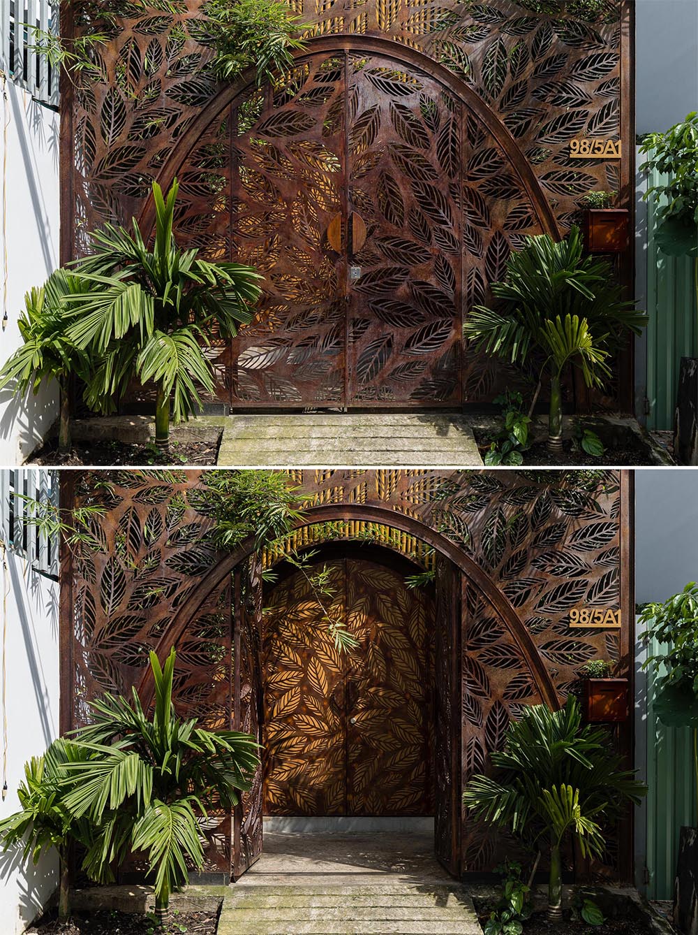Металлические арочные двери с мотивом листьев встречают посетителей в этом современном доме.