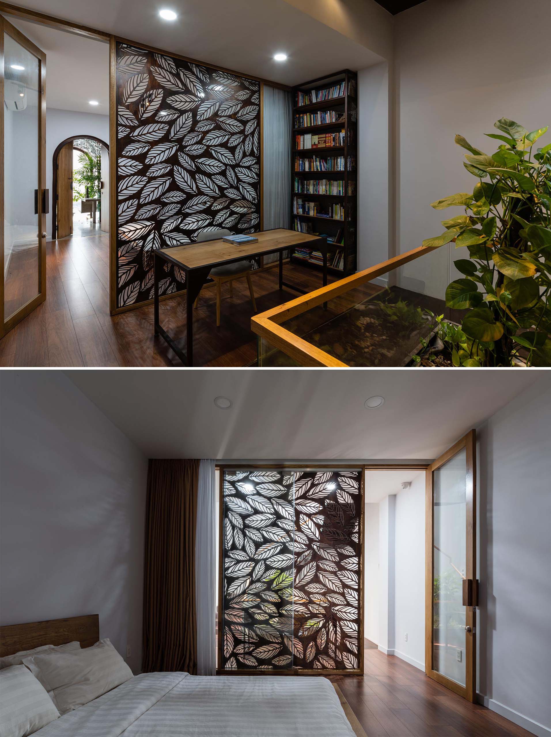В этом современном доме небольшой домашний офис был создан рядом с коридором, а стена спальни выступала в роли декоративной стены с акцентом на листьях.