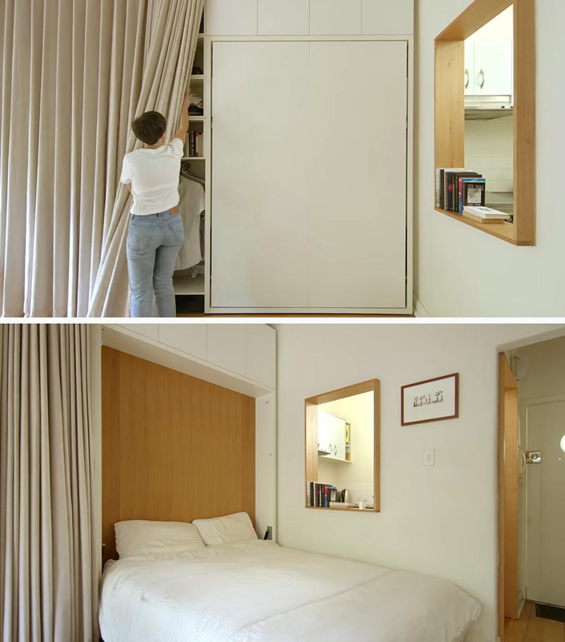 В конце стены хранения в этой микроквартире находится раскладная кровать. Это позволяет наслаждаться открытостью квартиры в течение всего дня, не мешая кровати. Над кроватью больше шкафов для хранения вещей. # МикроКвартира #MurphyBed # Раскладная кровать # Маленькая квартира