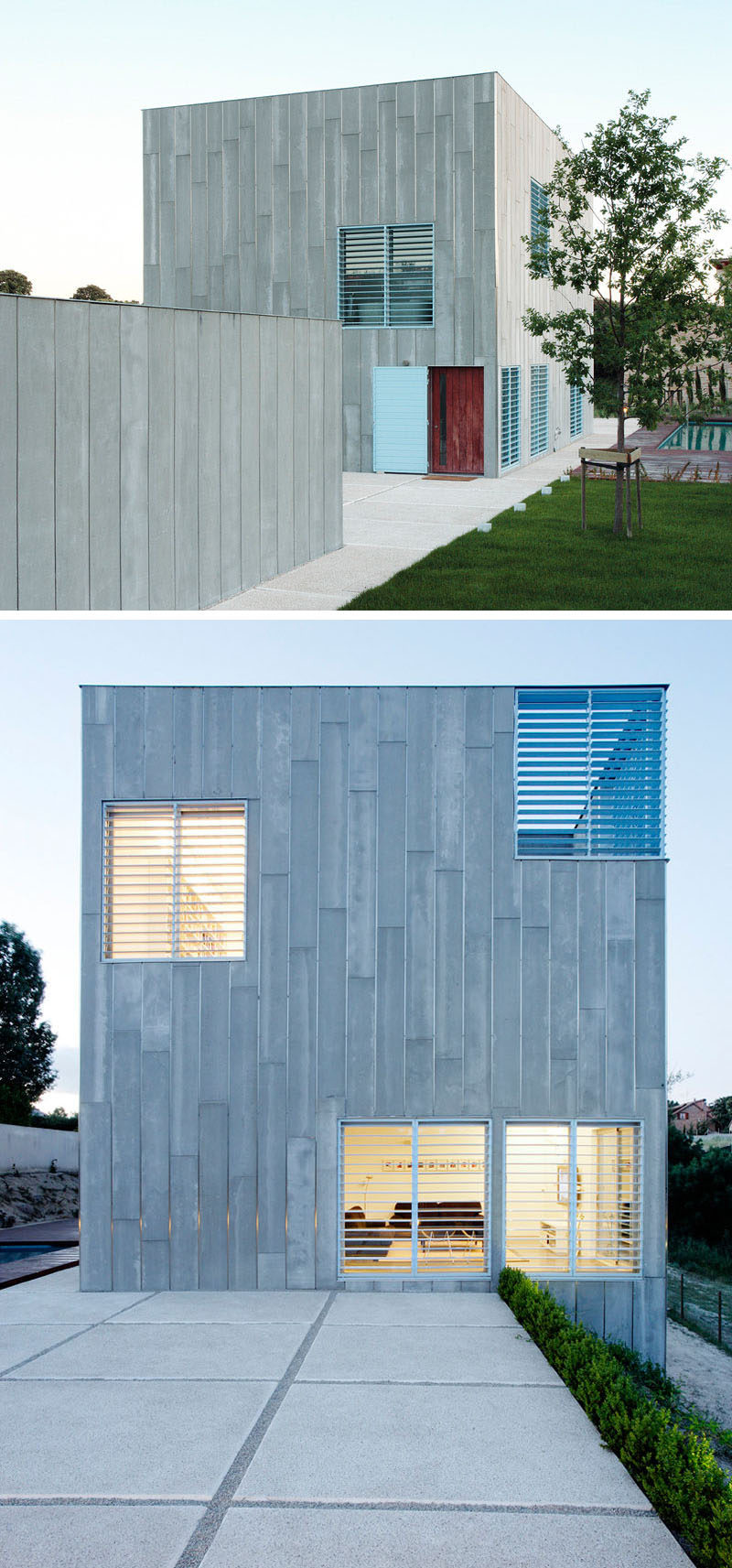  12 Минималистский современный экстерьер дома // Серый сайдинг покрывает этот внешний вид дома с голубыми ставнями, которые используют игривый, но минималистичный вид 
