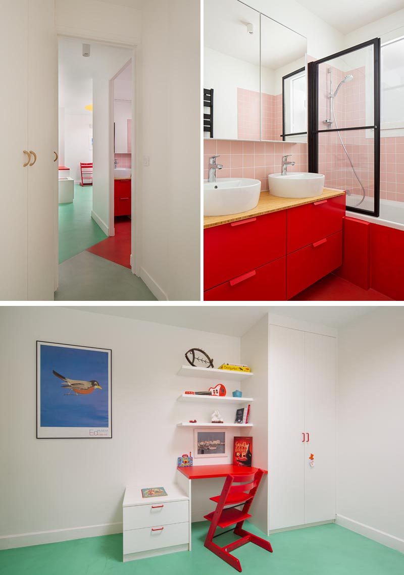 Дизайн этой современной квартиры включает в себя красную ванную комнату с нежно-розовой плиткой и спальню с мятно-зеленым полом. #RedCabinets #MintGreenFloor #RedBathroom #PinkTiles
