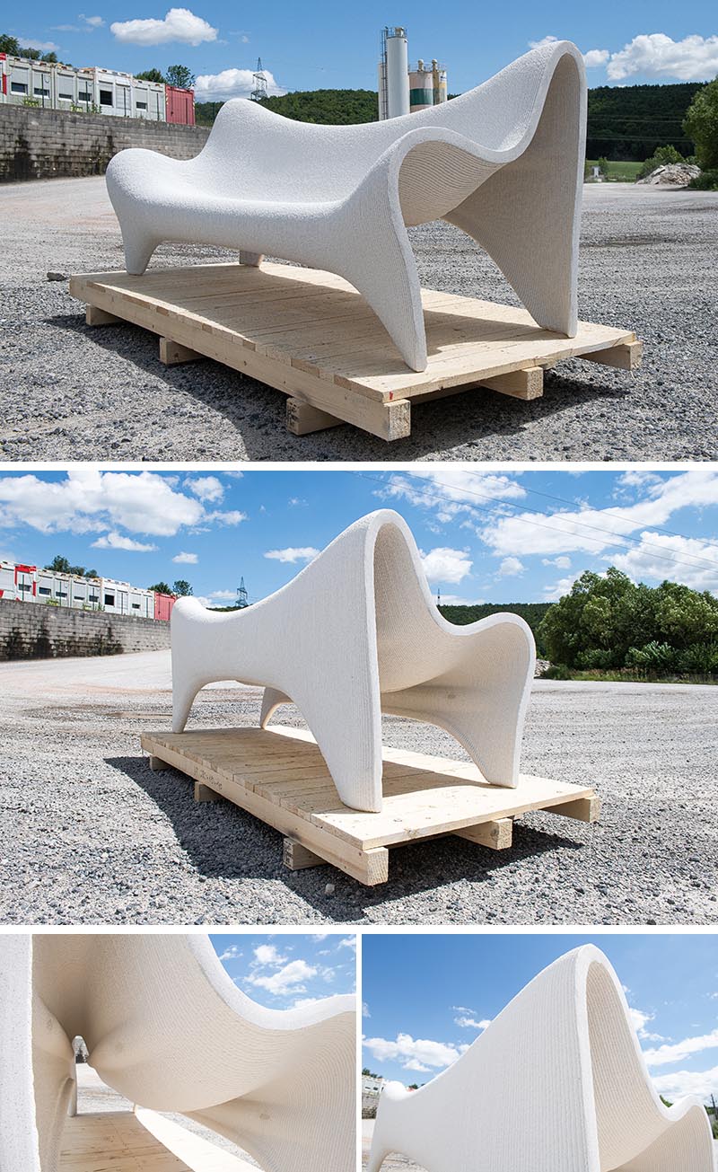 Напечатанный на 3D-принтере диван для улицы из белого бетона.