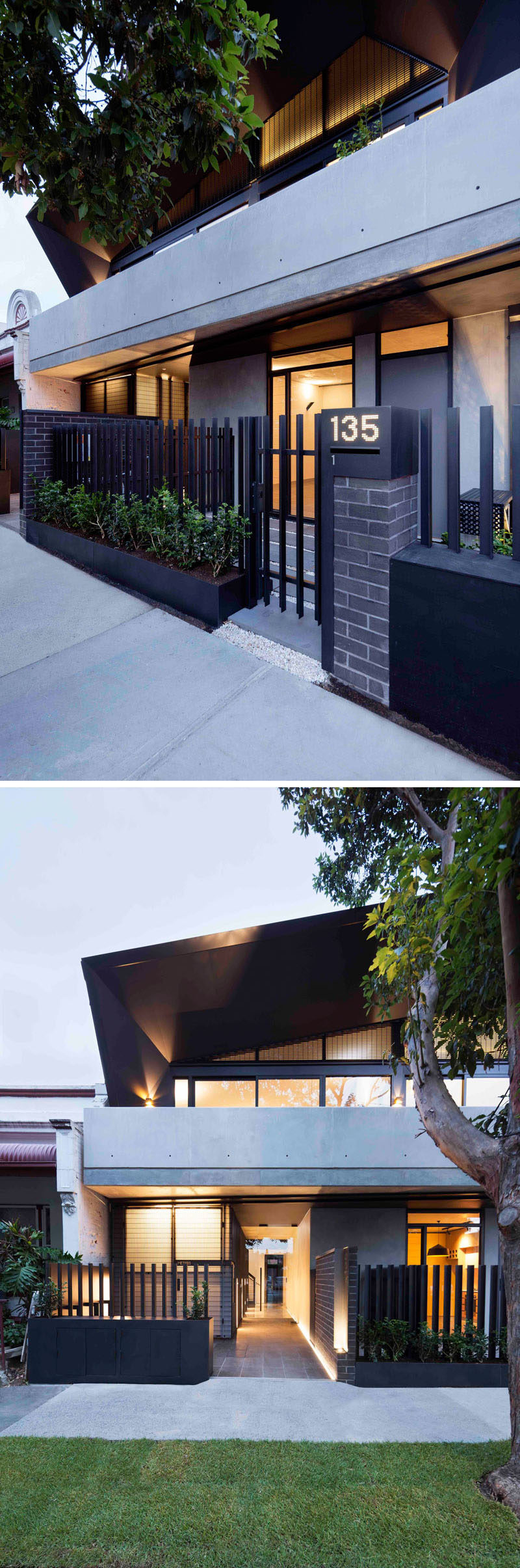 Этот современный многоквартирный дом имеет черный забор за цветочными горшками, которые добавляют нотку зелени к кирпичному и бетонному фасаду 