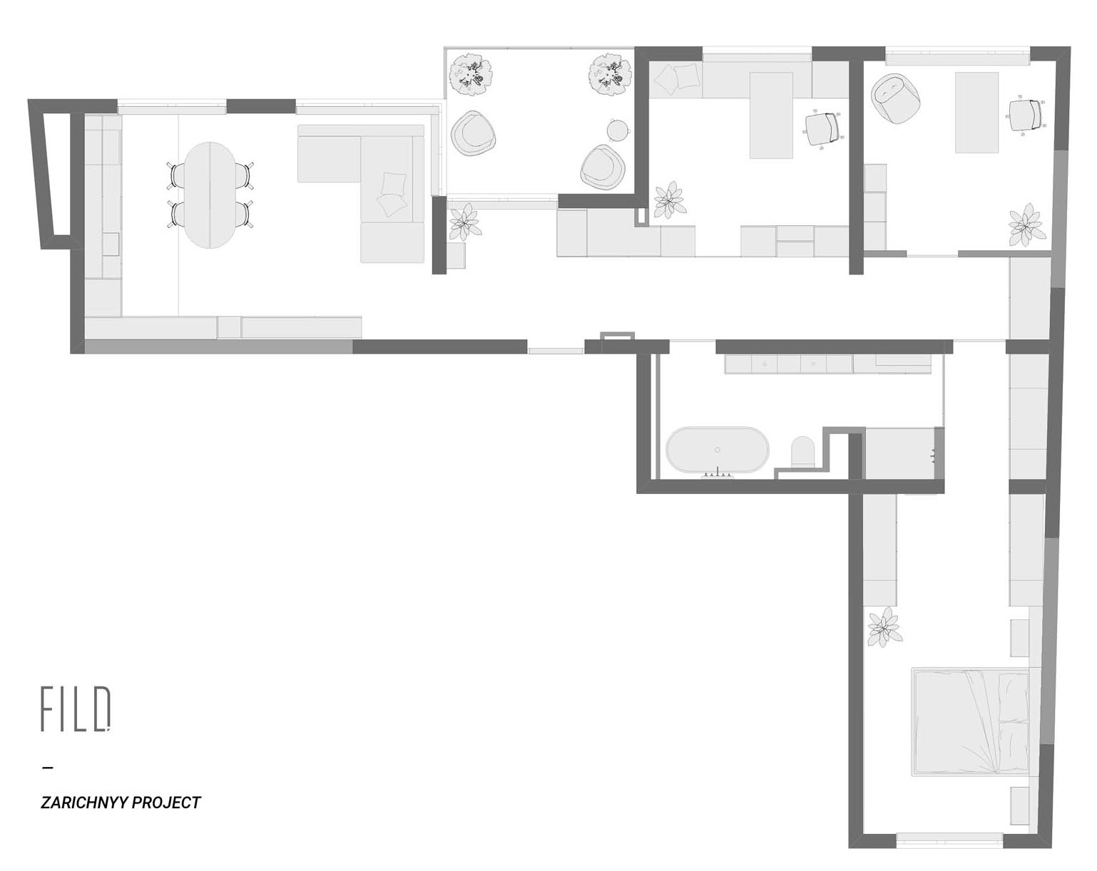 План современной квартиры с одной спальней / двумя домашними офисами.