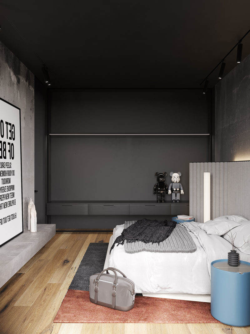 Идеи для спальни - в этой современной спальне бетонные стены были оставлены голыми, а скрытое освещение за изголовьем придает комнате мягкое сияние. #BedroomIdeas # ModernBedroom # BacklitHadboard
