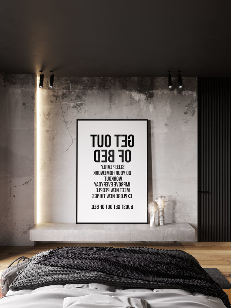 Идеи для спальни - в этой современной спальне есть бетонный выступ на стене напротив кровати, предназначенный для демонстрации произведений искусства. #BedroomIdeas #BedroomDesign # ModernBedroom