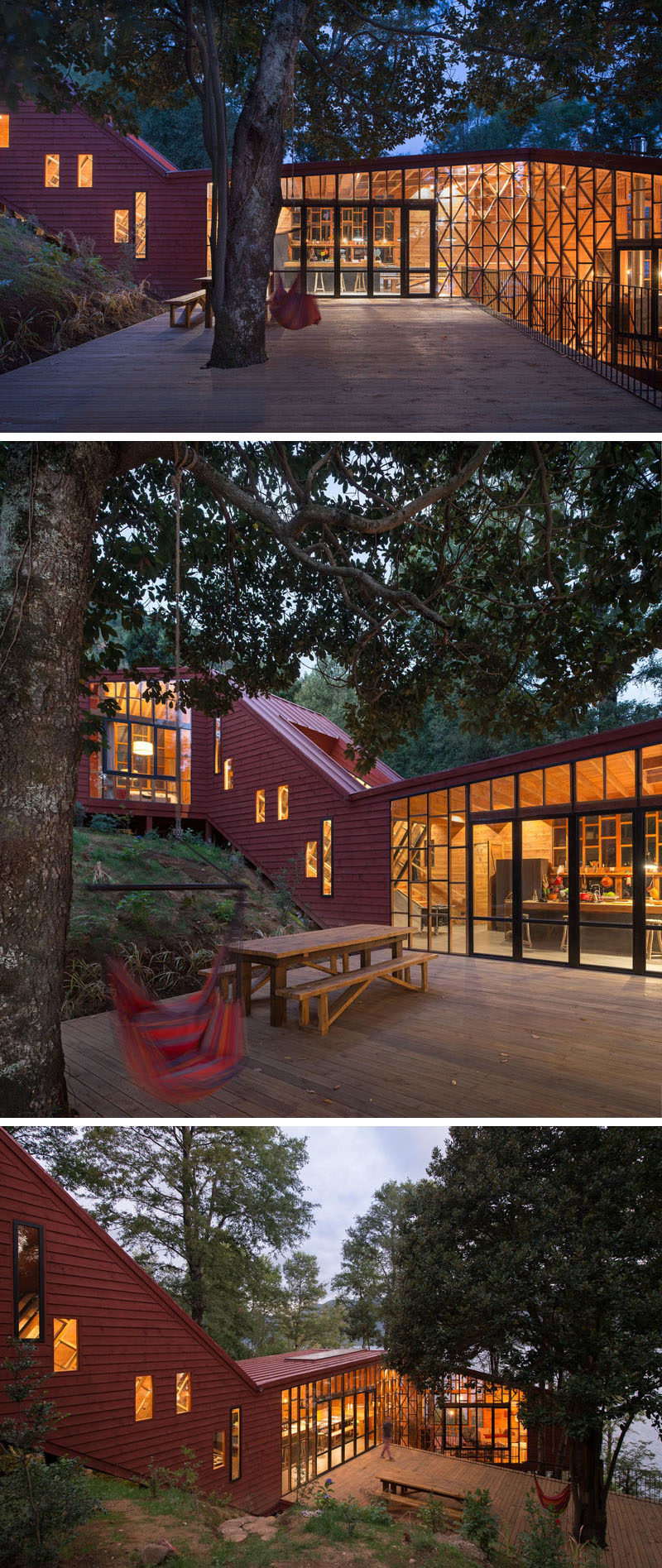 В этом доме есть большая терраса рядом с кухней, которая построена вокруг дерева и обеспечивает место для обедов и развлечений на открытом воздухе.