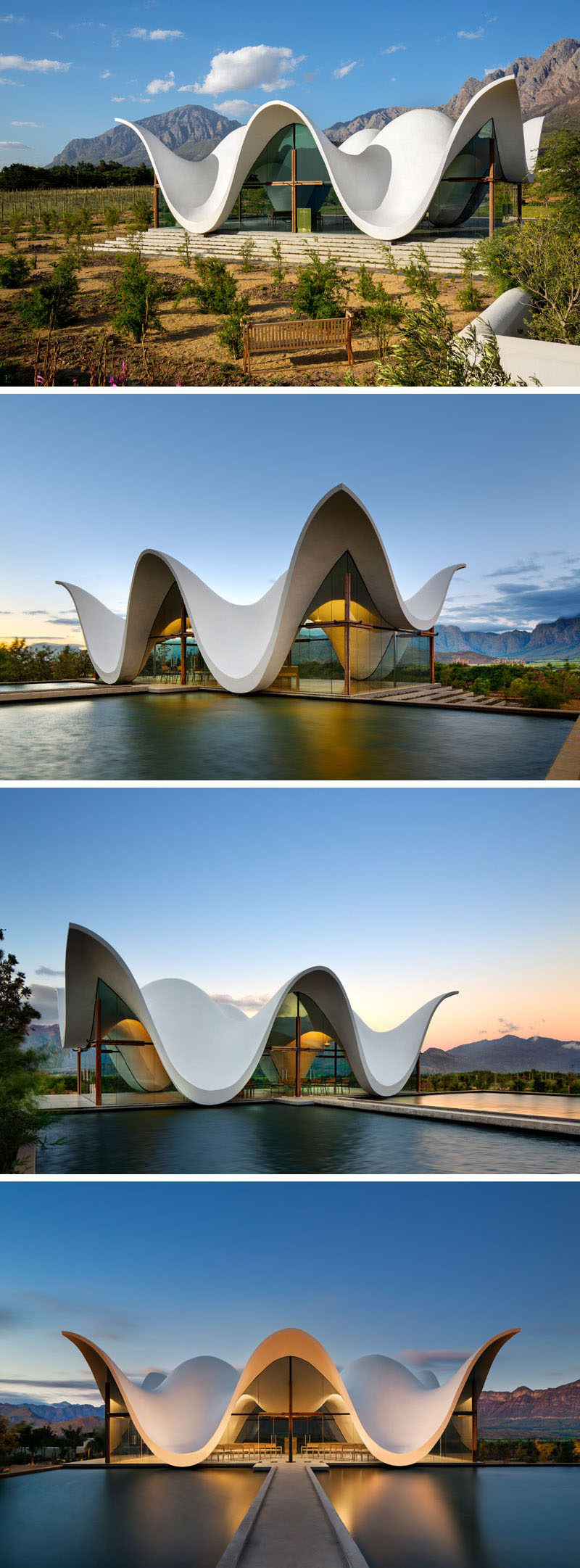  Архитектурная фирма Steyn Studio спроектировала скульптурную и современную часовню, расположенную на винограднике в Западном Кейптауне, Южная Африка, в окружении долины и гор. 