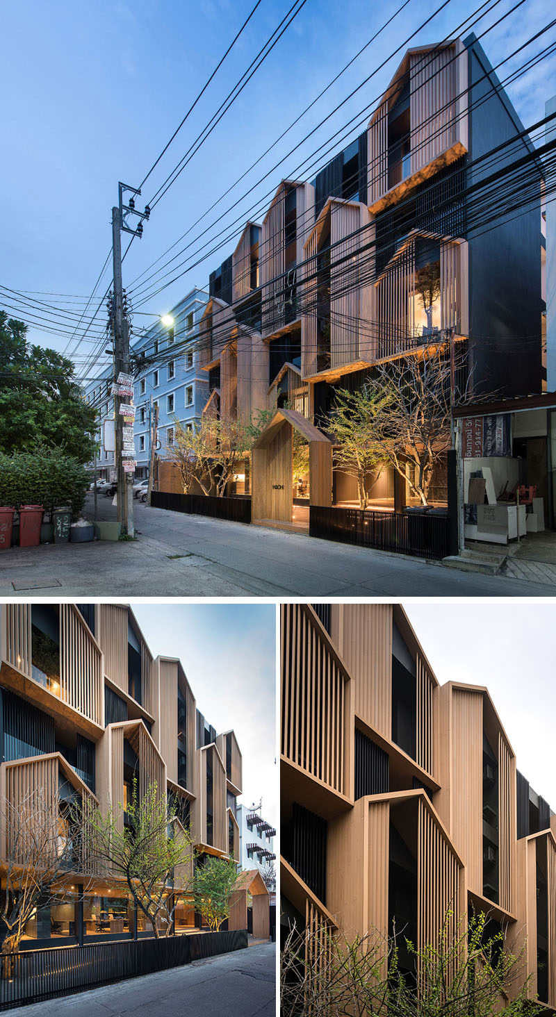 Модульные остроконечные секции современного дерева покрывают фасад этого жилого дома в Бангкк, Таиланд. # Архитектура # Фасад # Современное строительство