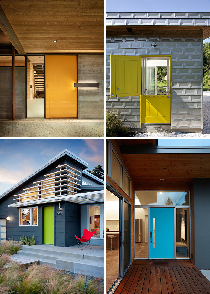 Эти современные входные двери уникальны и окрашены в разные яркие цвета, которые выделяют дома.