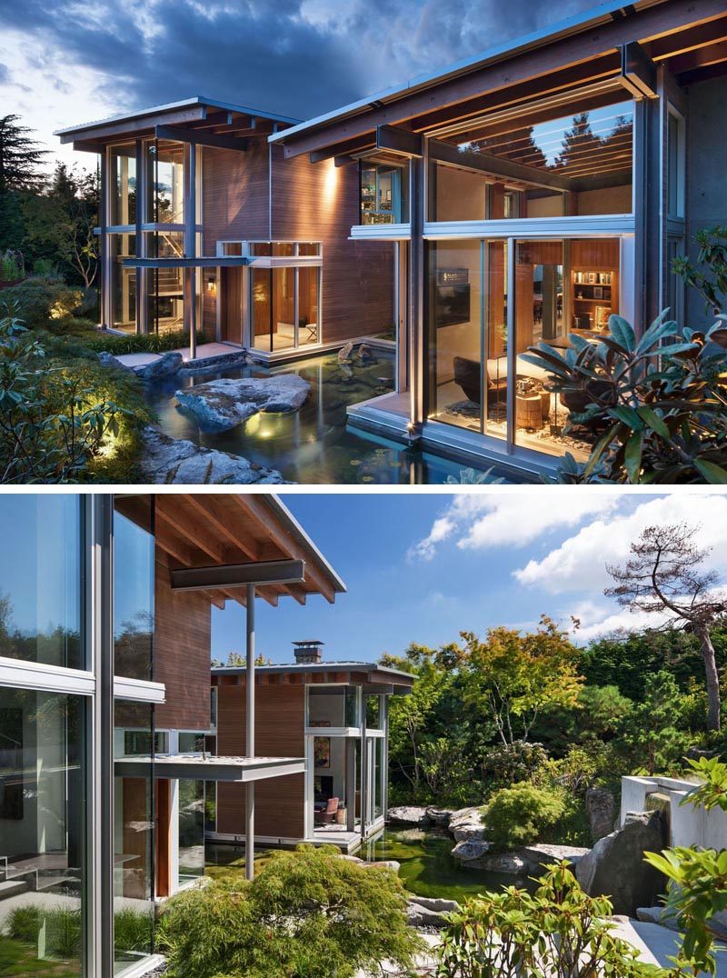 Современный дом на северо-западе с большими окнами, конструкцией из столбов и балок и садом с водоемом. #ModernHouse #HouseDesign # Архитектура