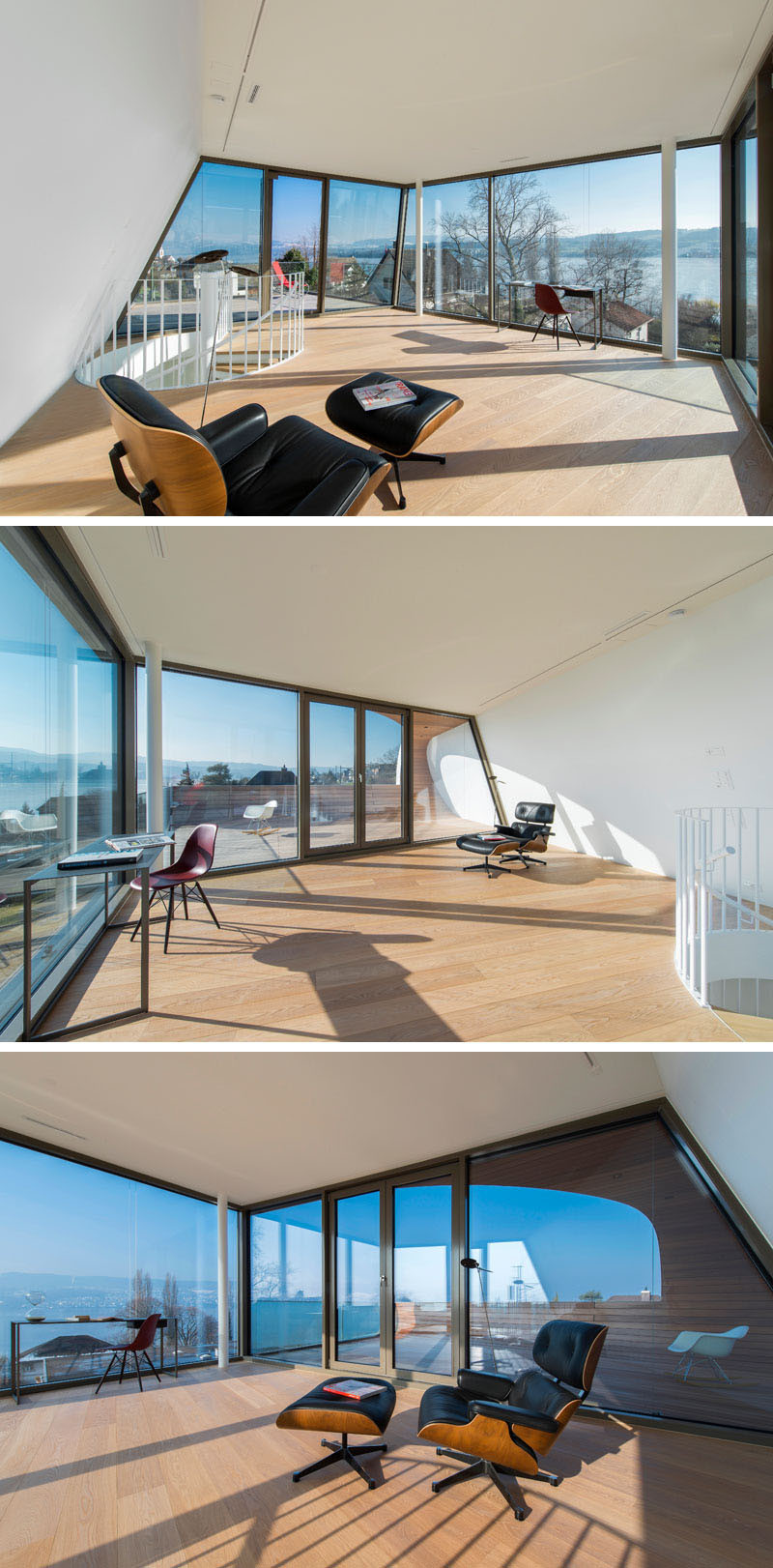На верхнем этаже этого дома есть студия с окнами от пола до потолка, из открывается 180-градусный вид на озеро 