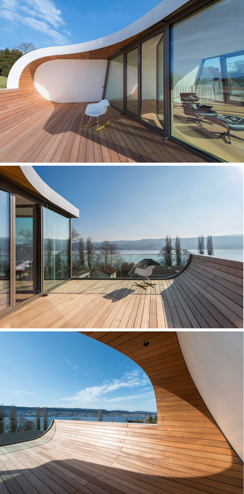 Этот семейный дом на Цюрихском озере, Швейцария, имеет изогнутую деревянную террасу, с которой открывается вид. 