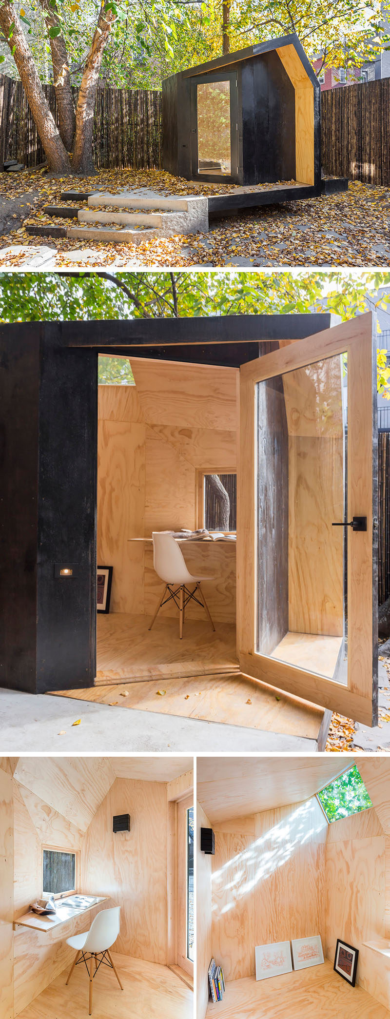 Небольшой домашний офис на заднем дворе с внешней отделкой из кедра, окрашенного в черный цвет, и внутренней отделкой из натуральной сосновой фанеры.