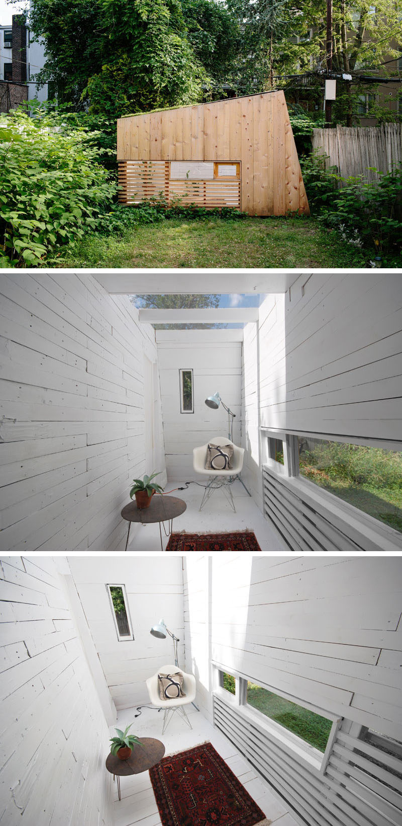 Небольшой номер-студио на заднем дворе с зеленой крышей и потолочным окном.