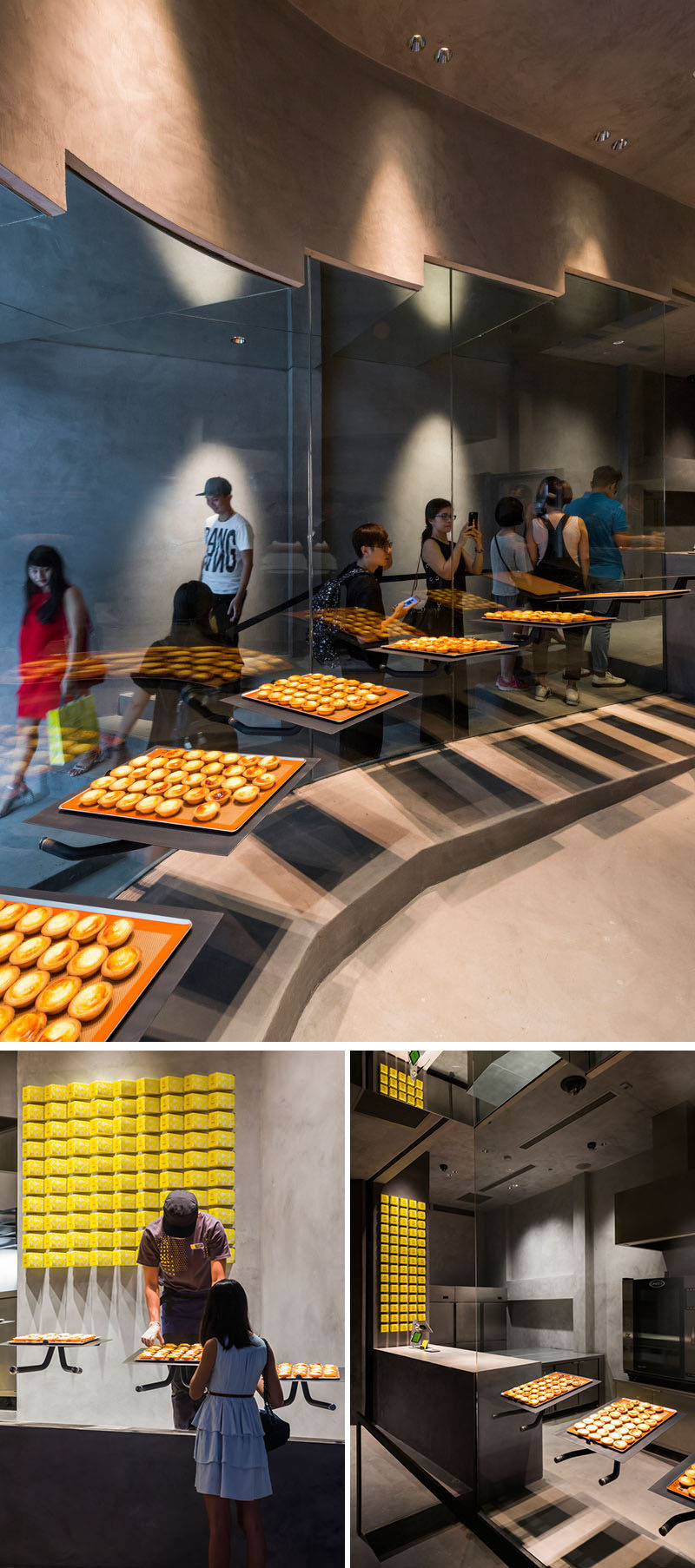  В этой современной пекарне большие стеклянные окна, выходящие на лестницу, позволяют увидеть сырные пироги для людей, которые выстраиваются в очередь, чтобы их купить. # Пекарня #ModernStore #RetailDesign 