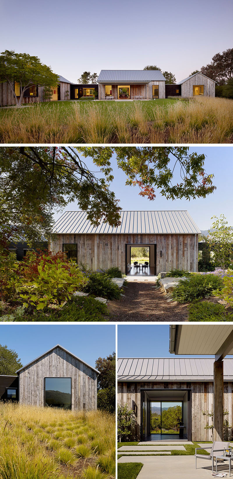  Walker Warner Architects спроектировали Portola Valley Barn, современный дом в Калифорнии, который отличается обветренным деревянным сайдингом и жестяной крышей. # Архитектура # Современный Дом 