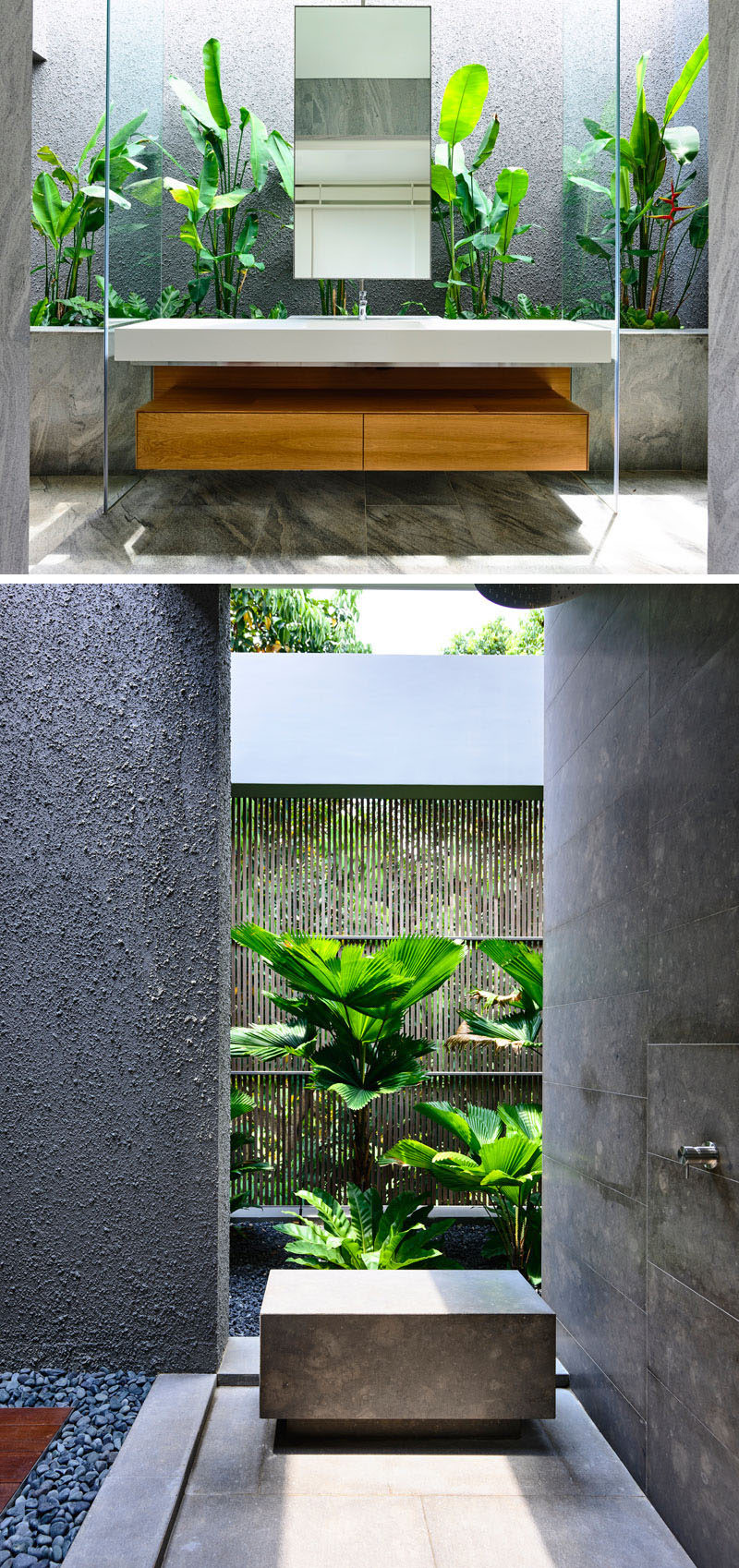 Эта ванная комната украшена натуральными материалами и тропическими растениями 