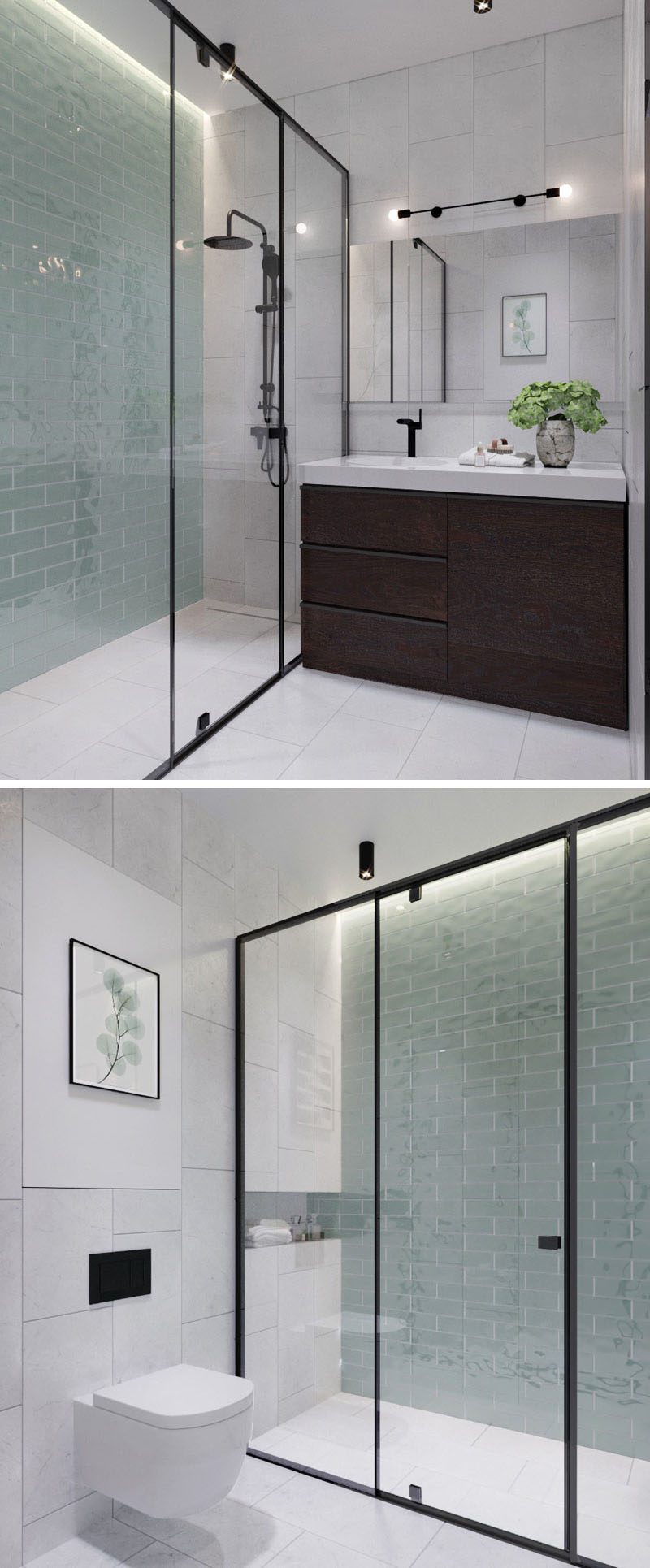 В этой современной ванной комнате светло-зеленая плитка от пола до потолка добавляет мягкие оттенки цветному интерьеру в черно-белых тонах и дереве. В душевой кабине со стеклянной рамкой в ​​черной рамке есть скрытое освещение, которое добавляет в ванную комнату успокаивающего сияния. # Современная ванная # Дизайн ванной