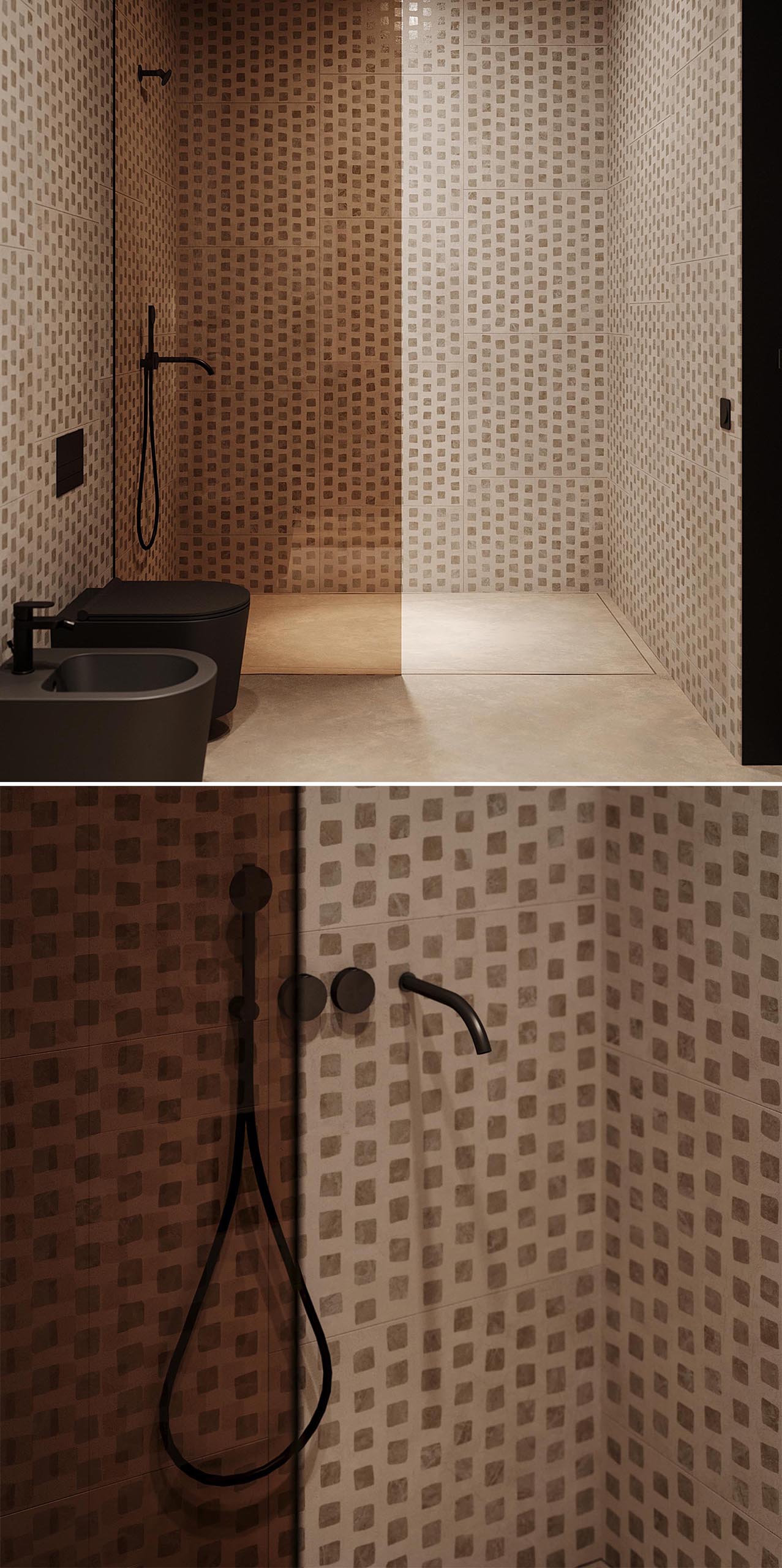 Современная ванная комната с узорчатыми стенами, черными акцентами, высокими тонкими зеркалами и душевой кабиной с перегородкой из тонированного стекла.