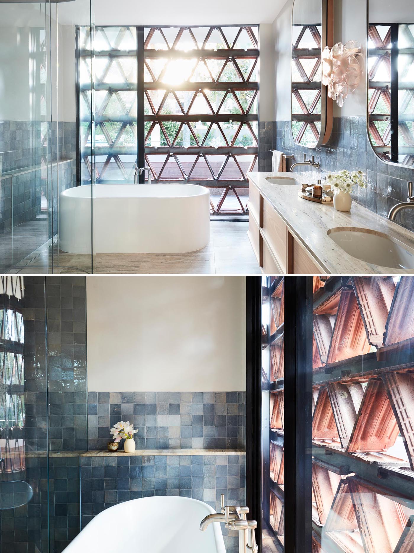 В этой современной главной ванной комнате brise soleil обеспечивает уединение и в то же время пропускает ветерок.