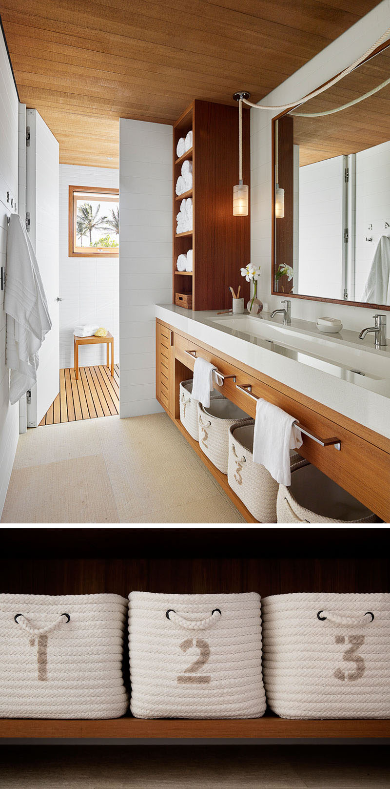 В этой современной ванной комнате пляжного домика белая столешница с длинной раковиной стоит на деревянном туалетном столике с открытыми стеллажами. # СовременныеВанная # Пляжный домик
