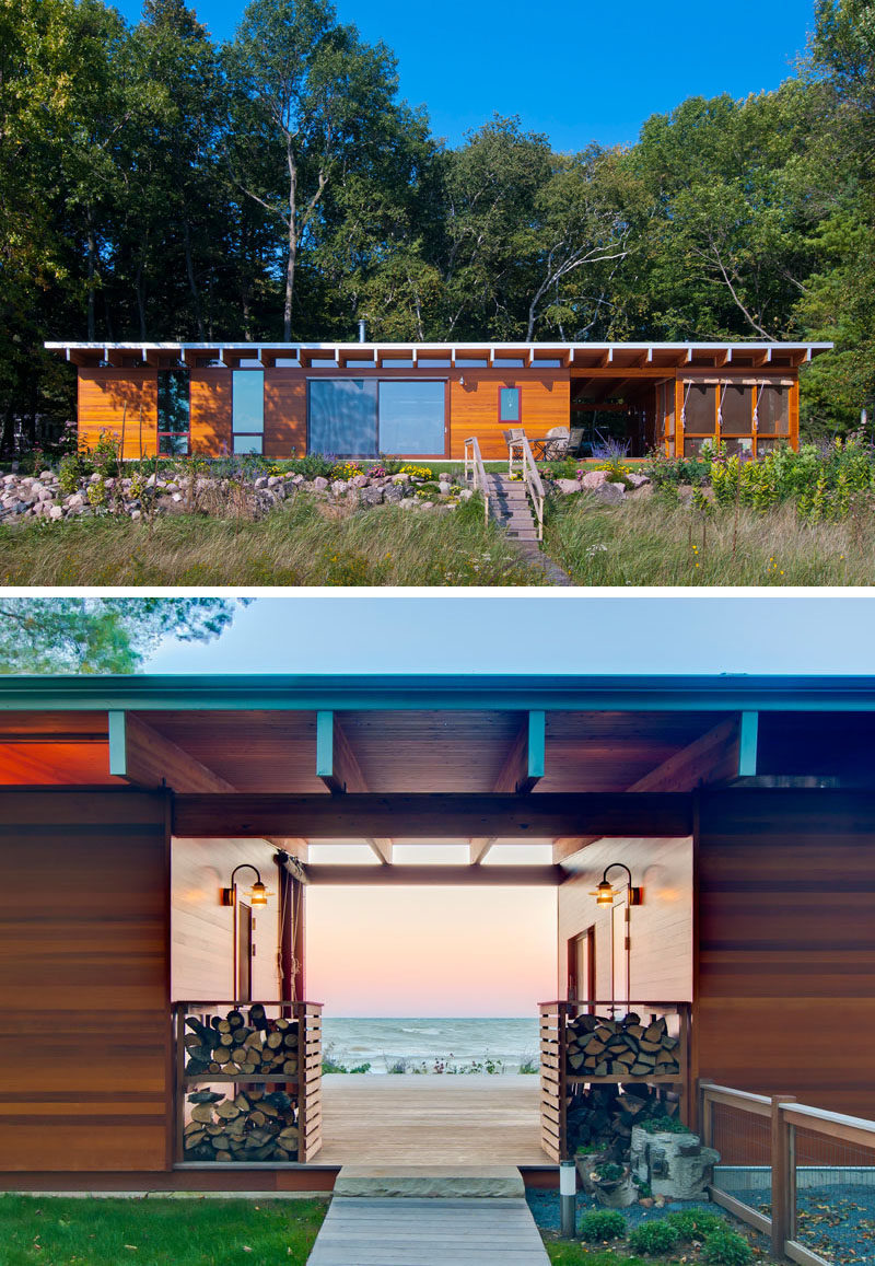 14 примеров современных пляжных домиков // Когда гости подходят ко входу в этот пляжный коттедж на берегу озера, их встречает прекрасный вид на озеро позади.