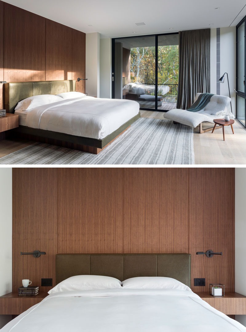 В этой Современная спальня спальня деревянная акцентная стена становится фоном для кровати, раздвижная стеклянная дверь ведет на собственный балкон. # МастерСпальня # СпальняДизайн 