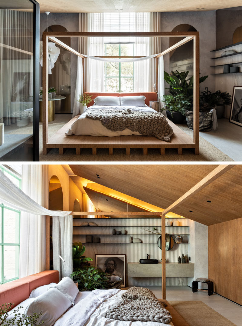 Идеи для спальни - в этой современной спальне минималистичный каркас кровати с балдахином поднимает кровать на платформе. #BedroomIdeas #ModernBedFrame #BedroomDesign