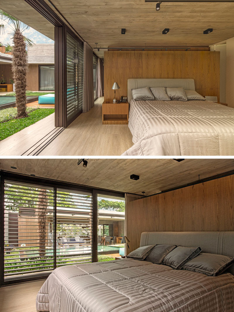 В этой современной спальне стена с деревянными акцентами придает комнате естественность и ощущение тепла. # Спальня # СовременныйСпальня # СпальняДизайн