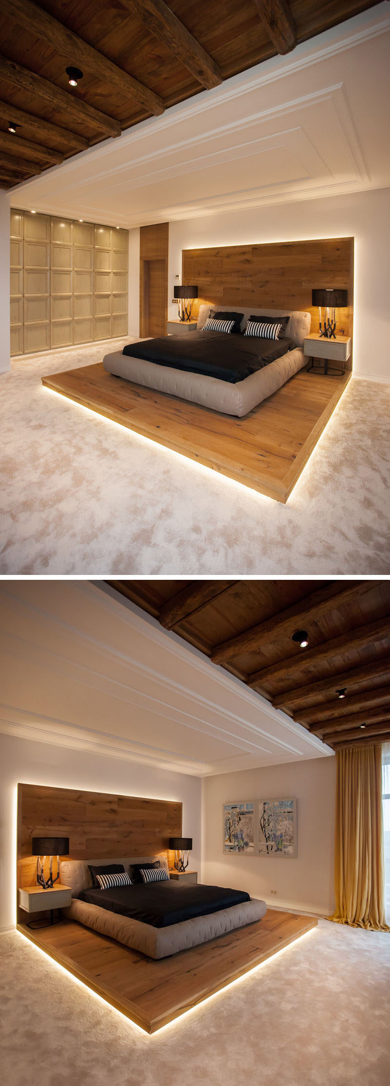 В этой современной спальне в стиле шале установлена ​​приподнятая кровать на деревянной платформе. Деревянная платформа подчеркнута скрытым освещением, чтобы подчеркнуть эту особенность и создать теплую атмосферу. #RaisedBed #WoodPlatform #ModernBedroom #InteriorDesign