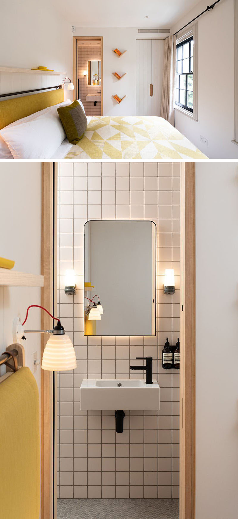 В современной спальне в качестве акцентного цвета выбран желтый цвет, а в ванной комнате квадратная плитка покрывает стены, а скрытое освещение подчеркивает формула зеркала. # СовременнаяСпальня # СовременнаяВанная