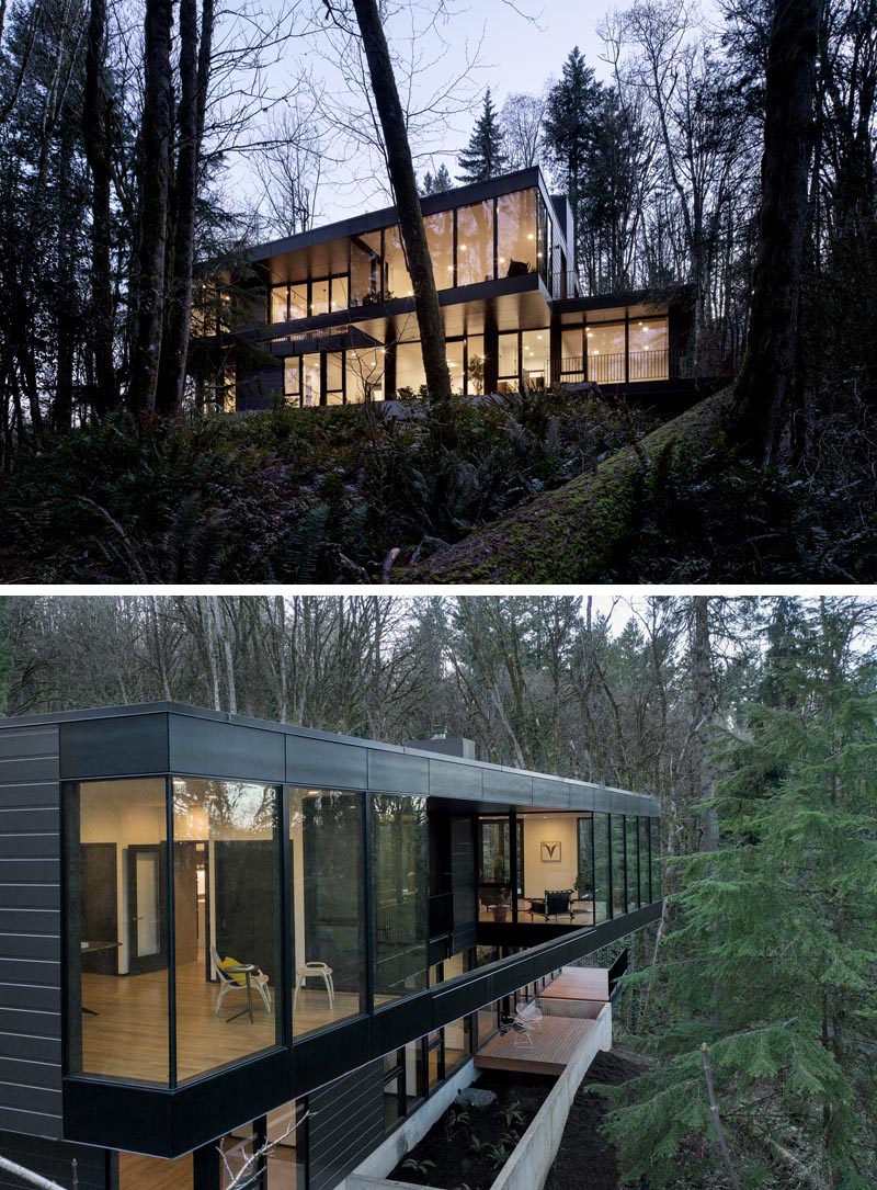 Компания William / Kaven Architecture спроектировала и разработала современный черный дом, расположенный недалеко от Портленда, штат Орегон, с консолями над лесной подстилкой. #ModernBlackHouse #ModernHouse # Cantilever #ModernArchitecture