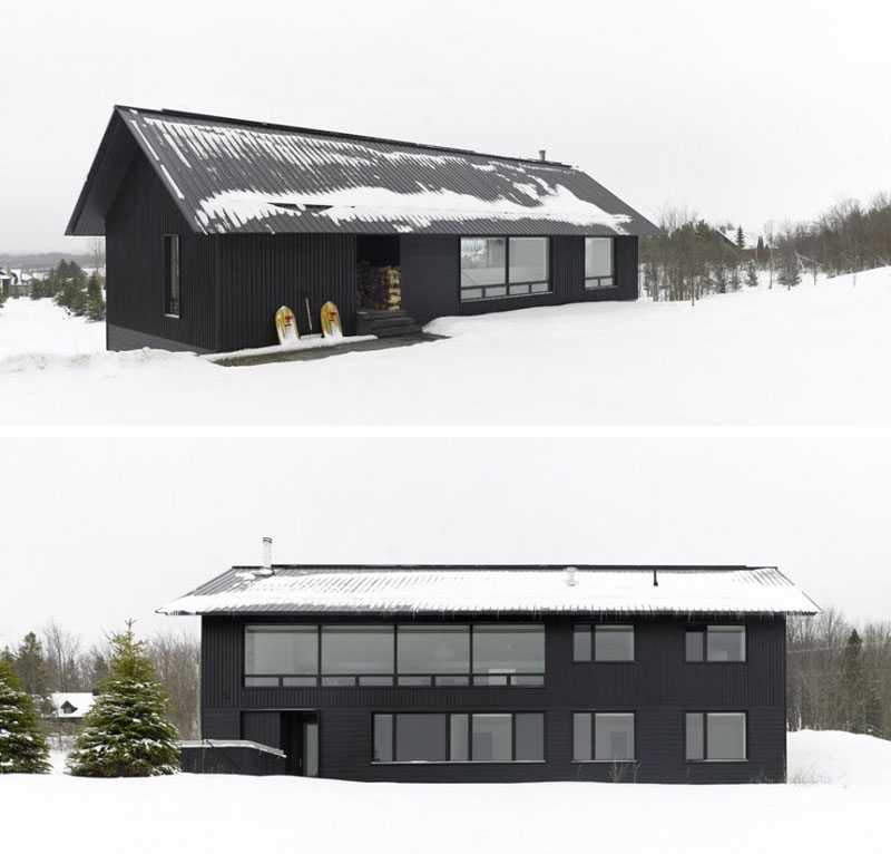 Черный внешний вид этого современного дома контрастирует с зимним пейзажем, существующим большую часть года. #ModernBlackHouse #BlackHouse #BlackExterior #BlackArchitecture