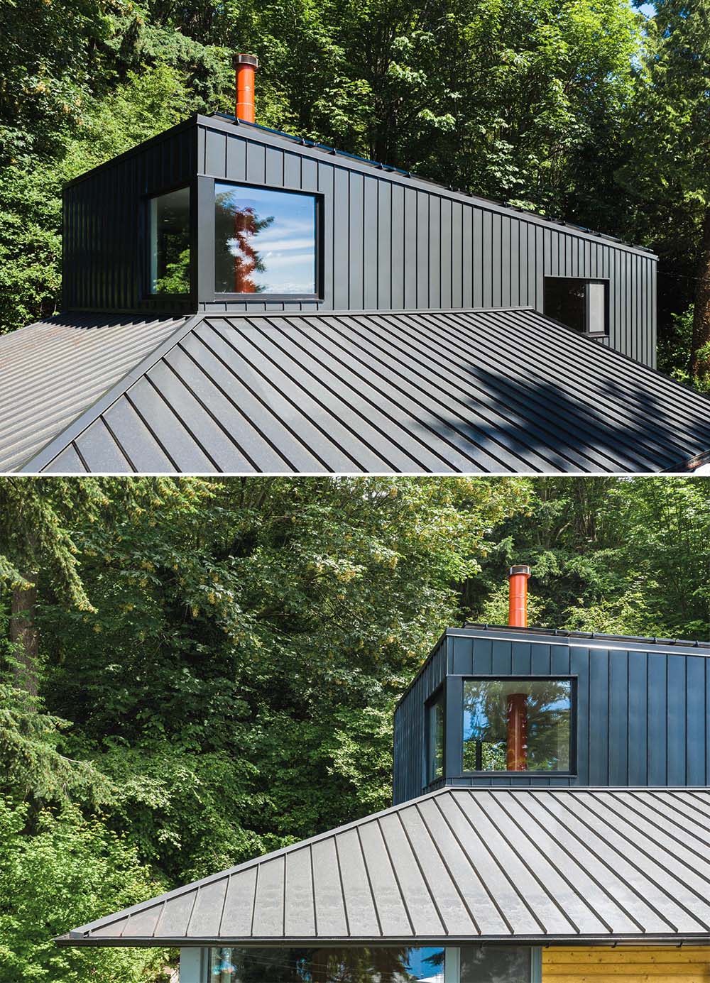 Черная металлическая крыша современного дома.
