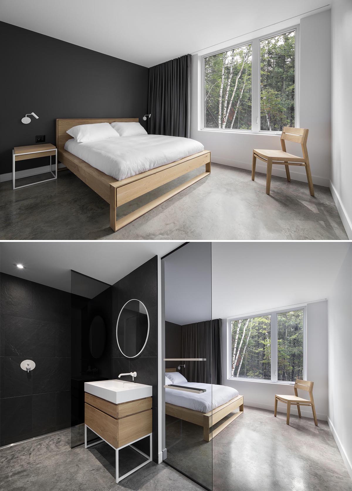 Современная спальня с матовой черной акцентной стеной и подходящими черными шторами, а также черно-белая ванная комната.