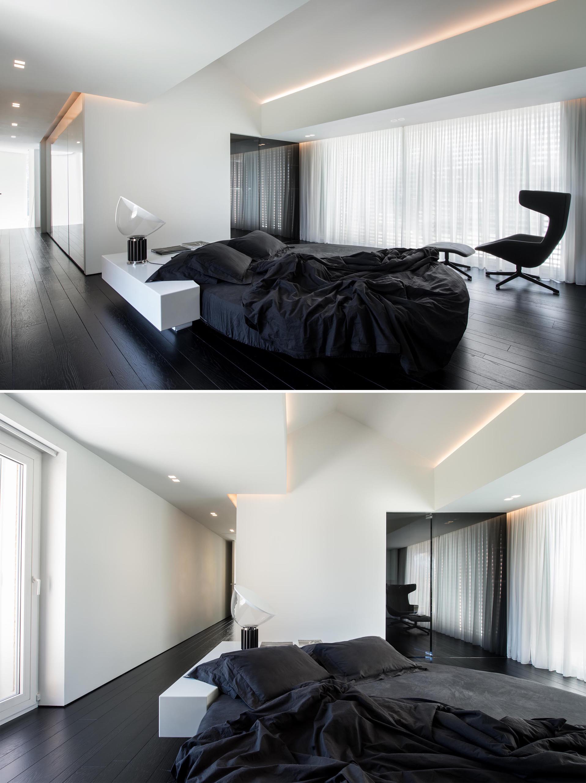 Современная спальня с черно-белой цветовой гаммой и круглой кроватью.