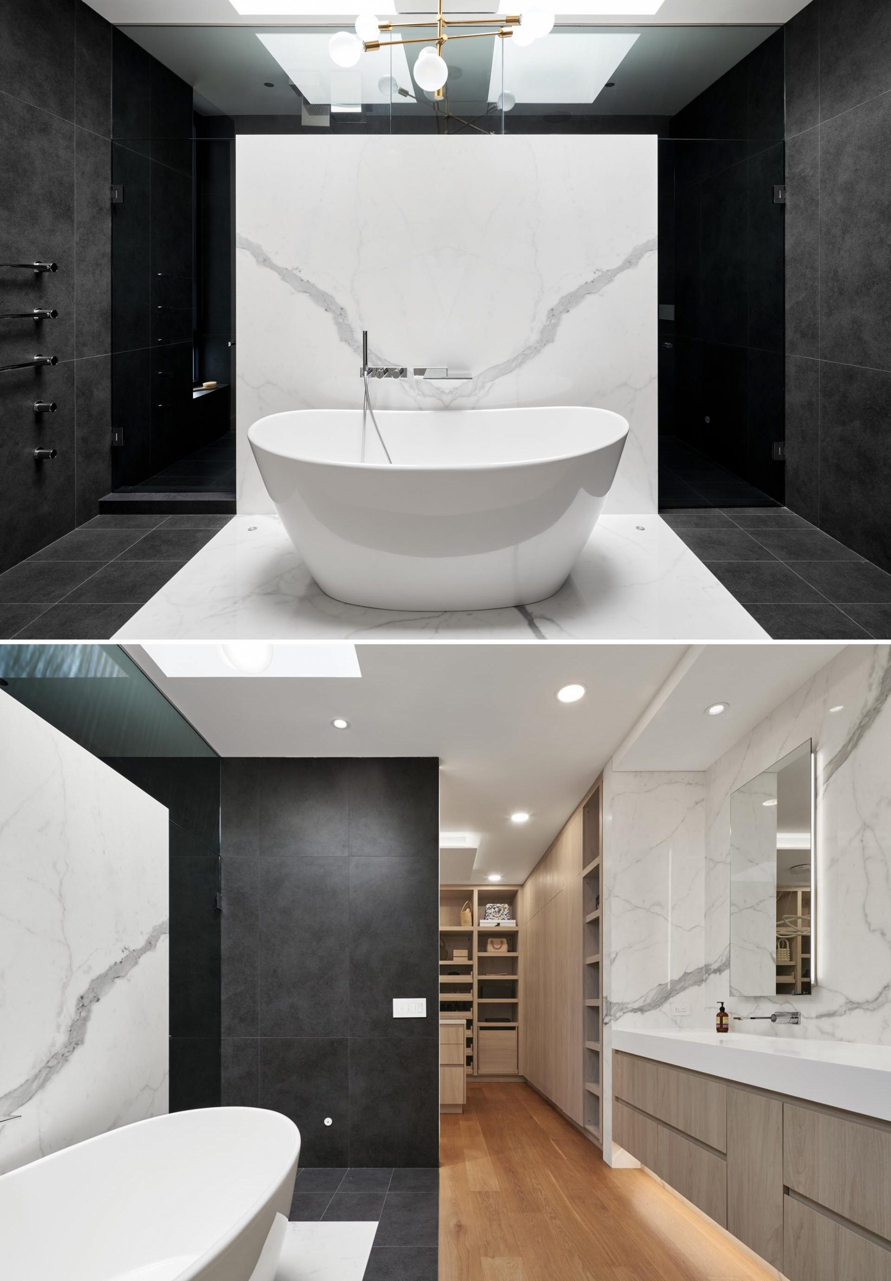 В этой главной ванной комнате белые и черные фарфоровые плиты объединены, чтобы создать резкий контраст.