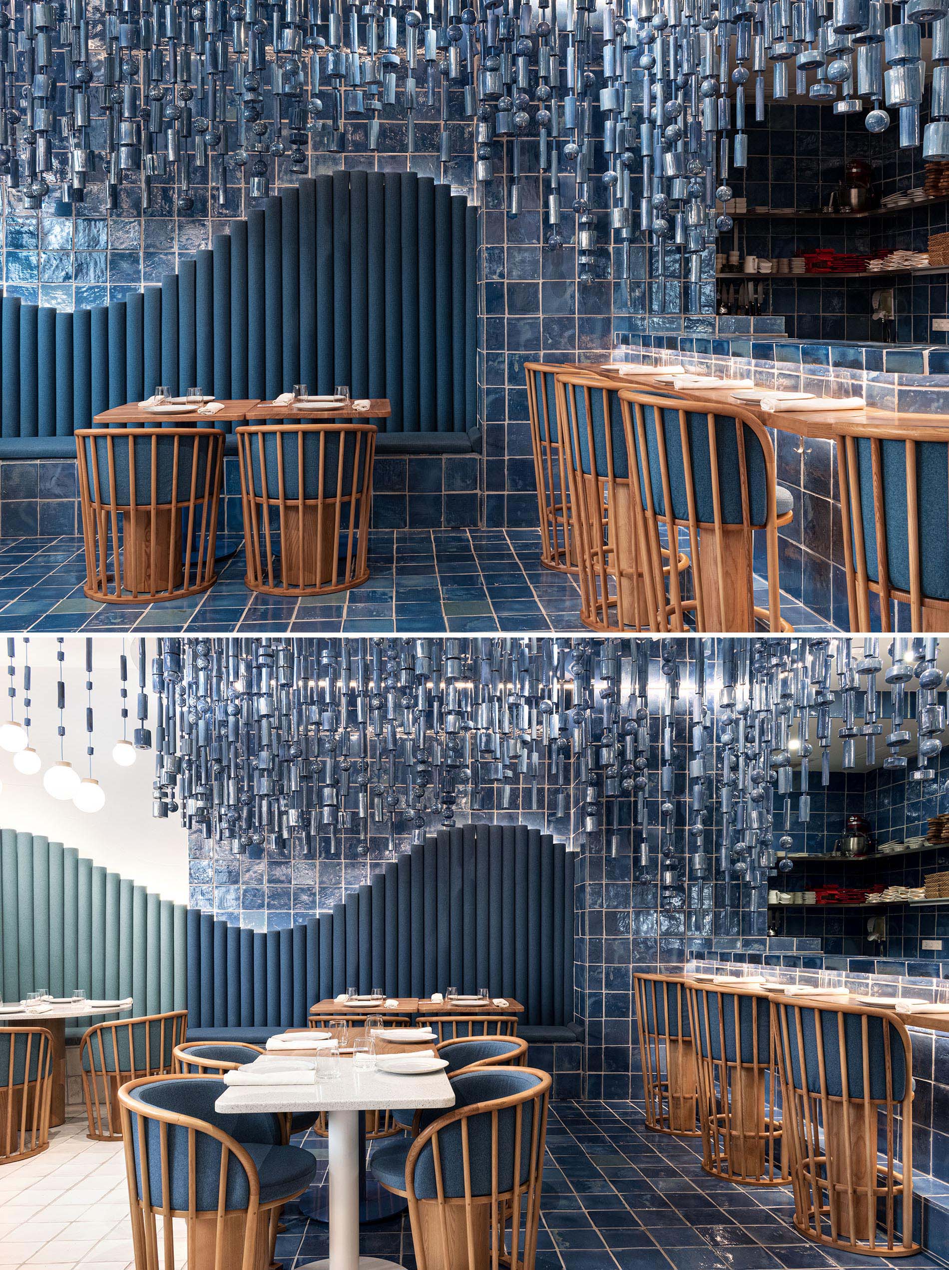 Современный ресторан с синей плиткой был вдохновлен морем и волнами.