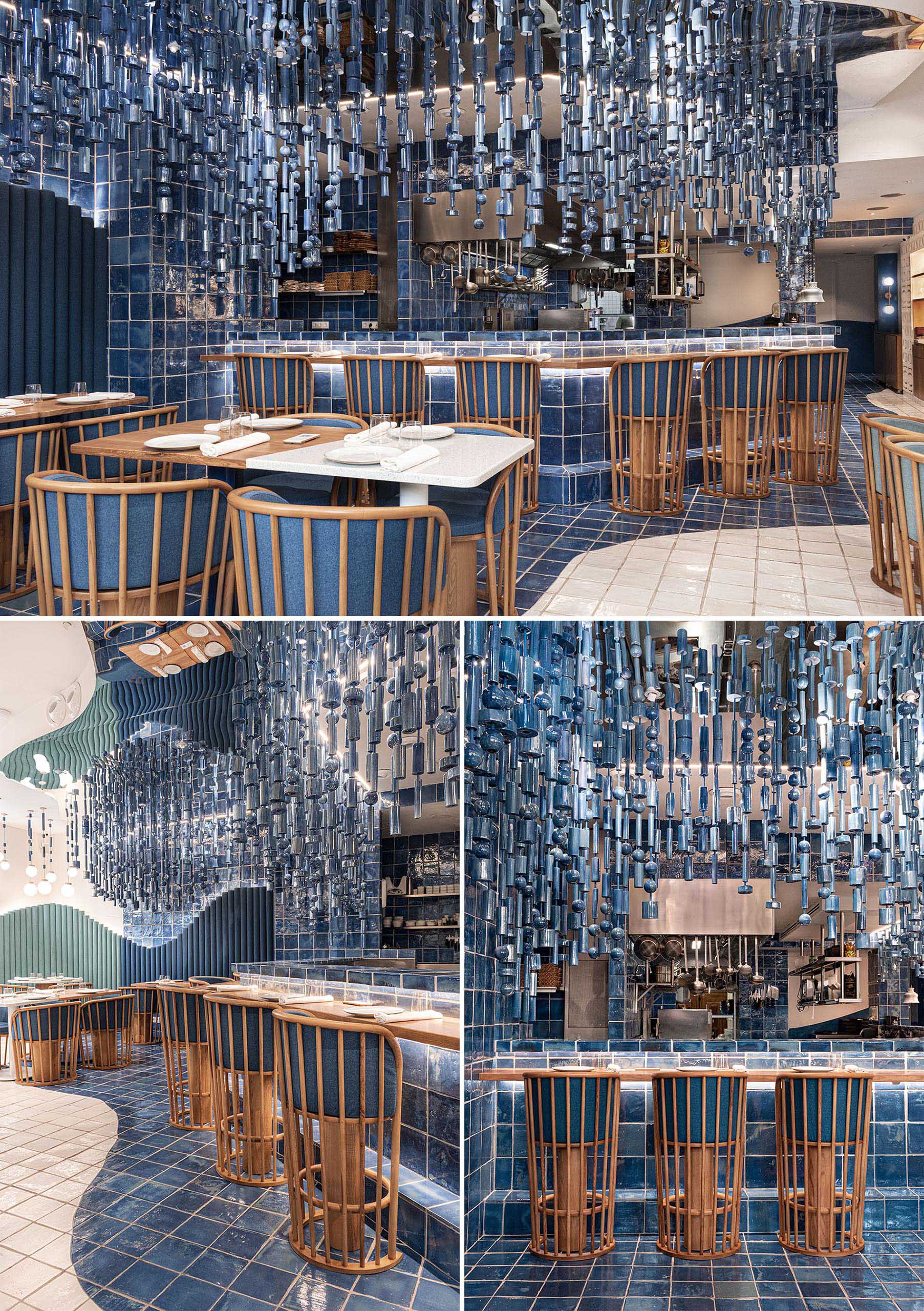 Современный ресторан с висящими синими керамическими элементами был вдохновлен морем.
