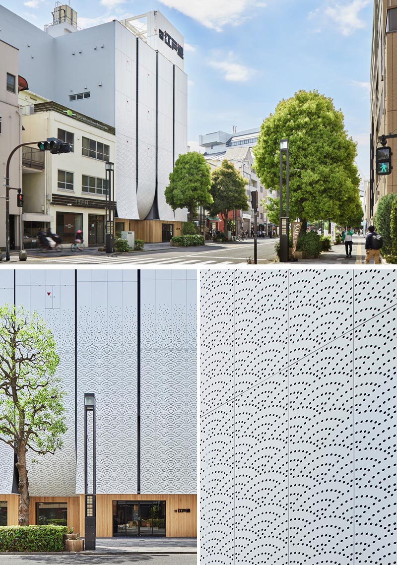Компания Kubo Tsushima Architects спроектировала Ryogoku Yuya Edoyu, спа-центр в Токио, Япония, который демонстрирует художественный фасад из перфорированного алюминия в традиционном японском стиле. #ArtisticFacade #BuildingFacade # Перфорированный алюминий # Архитектура